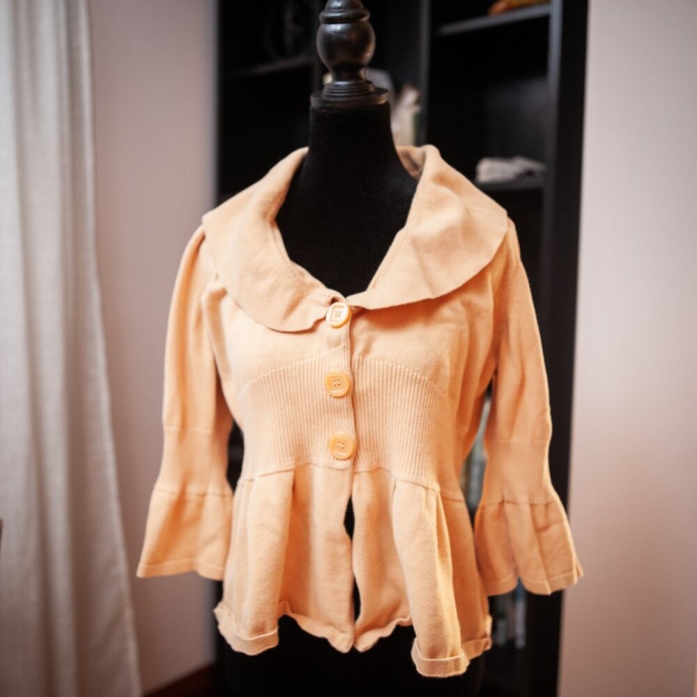 Vintage 90s Babydoll Cardigan Yellow 3/4 Bell Sleeve XL 100% Cotton Fall Artist